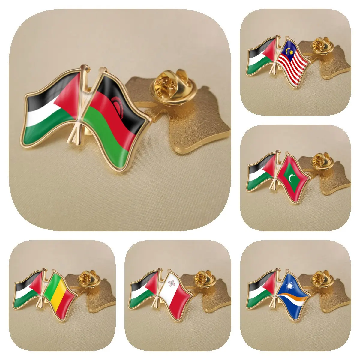 Palestine and Malawi Malaysia Maldives Mali Malta Marshall Islands Double Crossed Friendship Flags Brooches Lapel Pins Badges