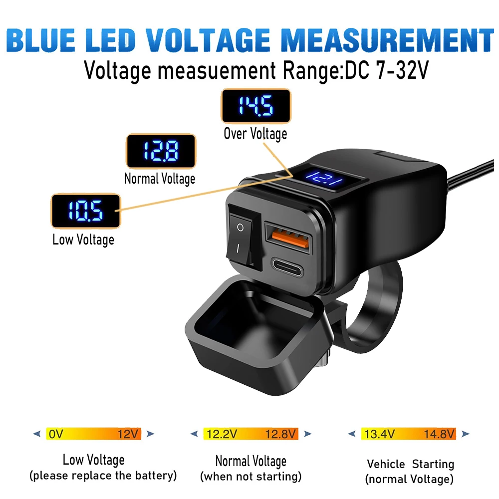 PD QC3.0 Motorcycle USB Fast Cellular Charger Waterproof Type C Port Socket Connector With Cell Mobile Voltmeter Digital Charge