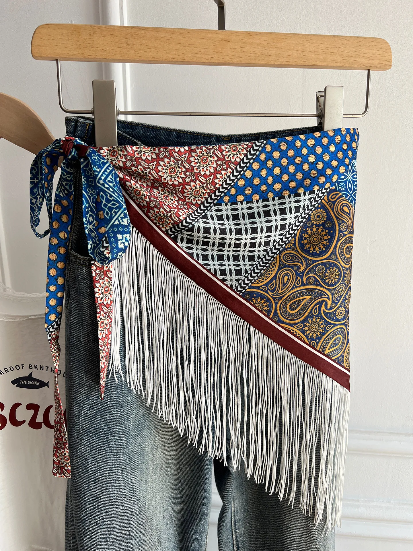 Vintage Boho Fringe Patchwork Printed Triangle Waist Scarf for Women Summer Adjustable Tie Layering Hip Pinafore for Jeans Skirt