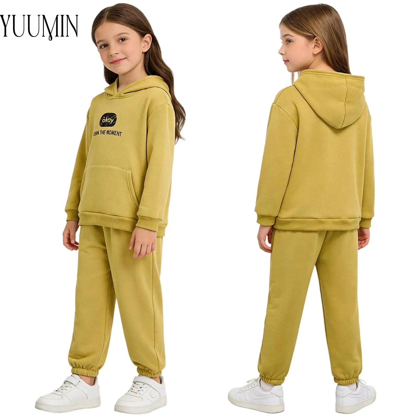 Kids Girls Boys 2-Piece Fleece-lined Tracksuit Casual Outfit Long Sleeve Hooded Sweatshirt with Sweatpants for Outdoor Sports