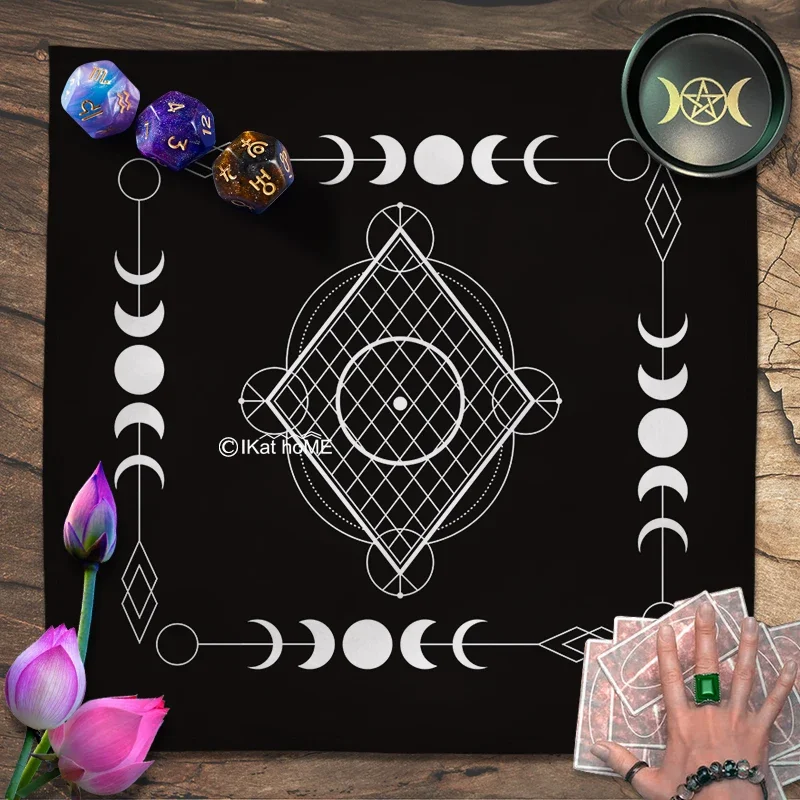 Black White Moon Phase Tarot Tablecloth Sacred Geometric Magic Array Altar Cloth Pagan Pendulum Witchcraft Oracle Card Pad 3Size