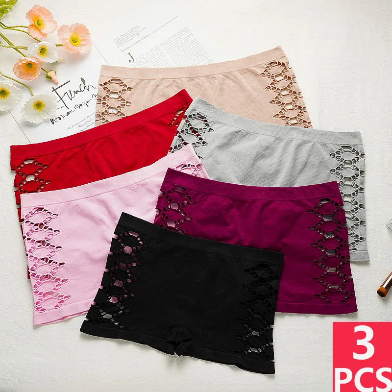 3 шт. женские трусы-боксеры с вырезами по бокам, бесшовные удобные однотонные трусики со средней талией, простые защитные брюки