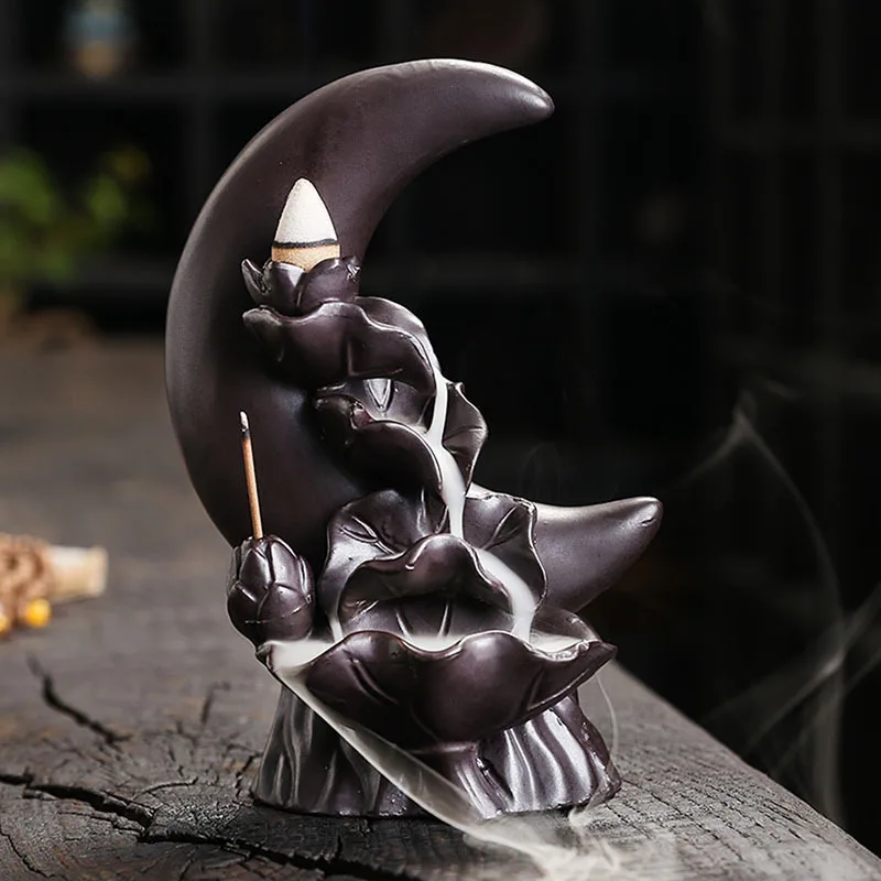 1pc Backflow Incense Burner Sleep Moon Lotus Auspicious and Success Ceramic Cone Censer Burner Home Decor (without Incense)