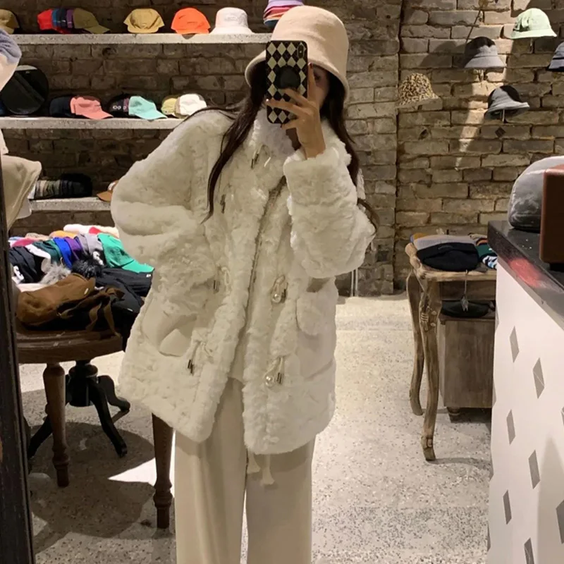 Faux Lambswool Jacket Women Fall Winter Padded Thickened Collar Chic Button Coat Fur White Warm Loose Lazy Female Outwear
