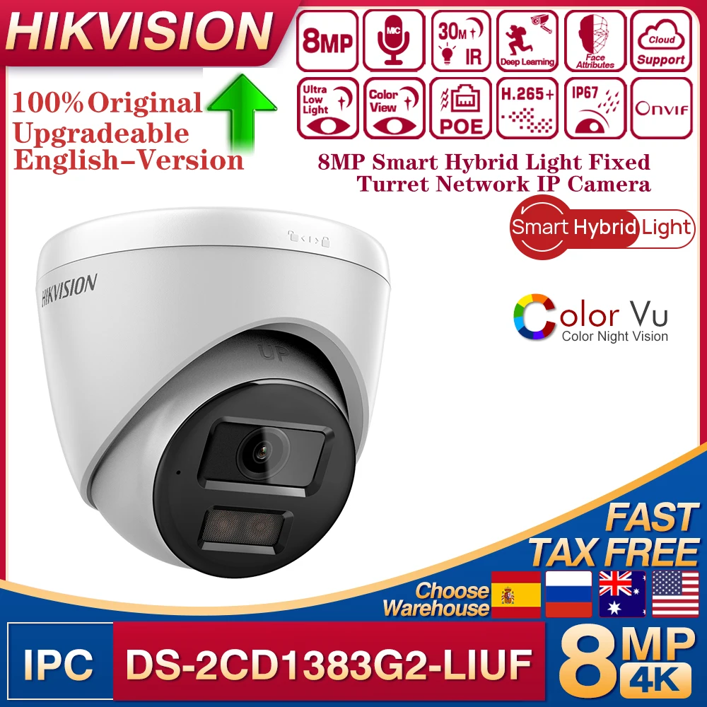 

Hikvision 4k 8MP ColorVu Smart Hybrid Light IP-камера DS-2CD1383G2-LIU Сетевая камера с двойной подсветкой и белым светом со встроенным микрофоном и турелью