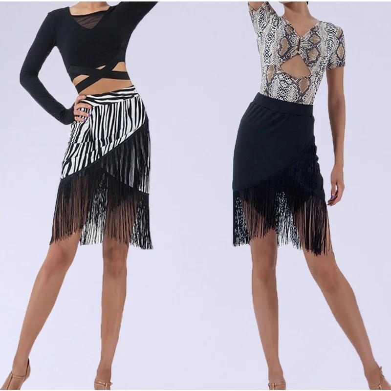 

Новая женская юбка для латиноамериканских танцев с асимметричным крестообразным подолом и бахромой, для взрослых, для бальных танцев, для тренировок и выступлений