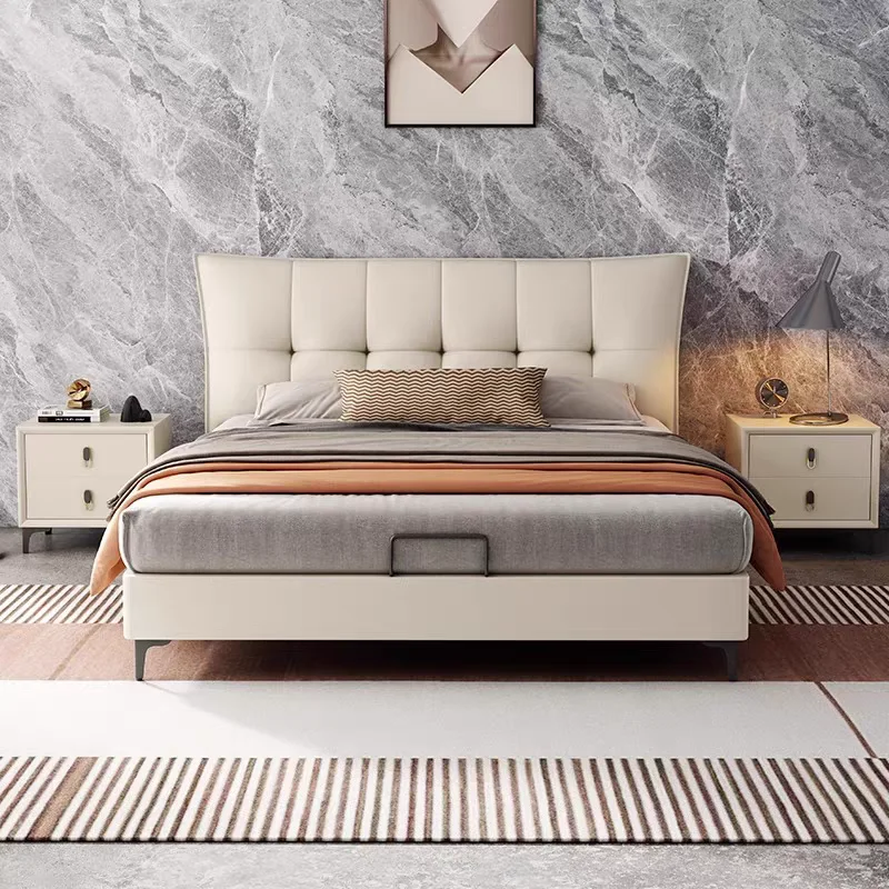 Oak Wood Frame Master Bedroom Wedding Bed With Storage &Italian Minimalist Luxury Full Size Leather Upholstery
