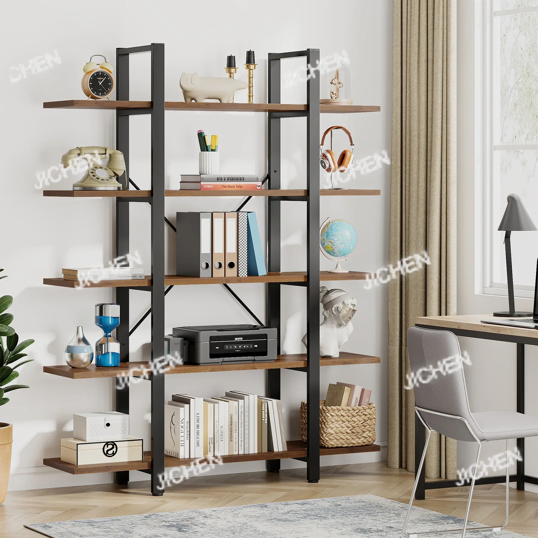 رف كتب JC مكون من 5 طبقات، خزانة كتب على الطراز الصناعي العتيق 72 ارتفاع × 12 عرض × 47 لتر بوصة، بني قديم #3