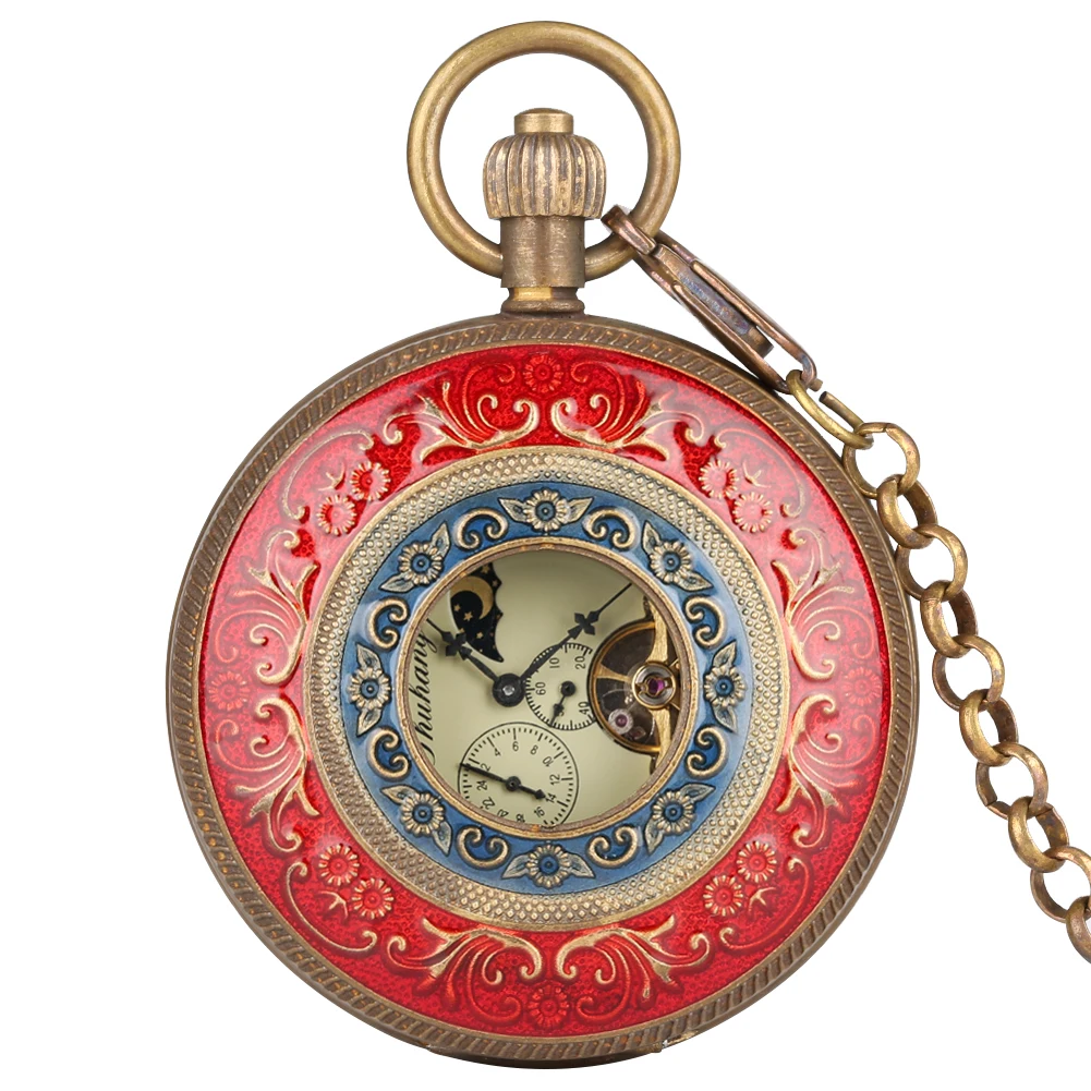 

Tourbillon Mechanical Self Winding Copper Pocket Watch Hollow Red Blue Flowers Pattern Decor Luxury Vintage Pendant Timepiece