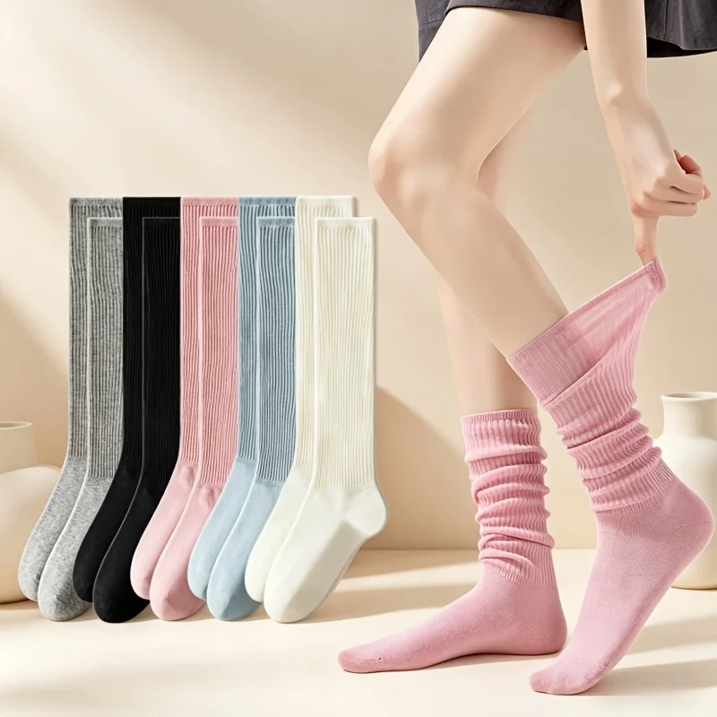 Ribbed Slouch Socks, Women's Solid Color Mid-Calf Stacking Socks, Casual Breathable Crew Socks for Daily & School Korean Style