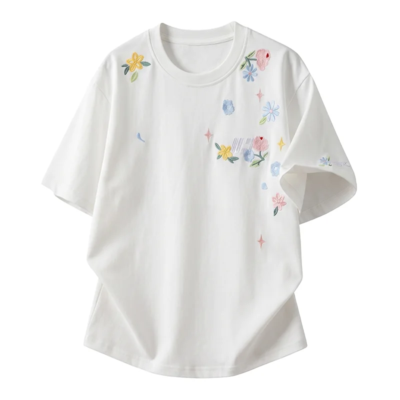 Men's Rustic Style Colourful Floral Embroidered Round Neck TShirt Relaxed Fit Retro Casual Streetwear Suitable for Everyday Wear