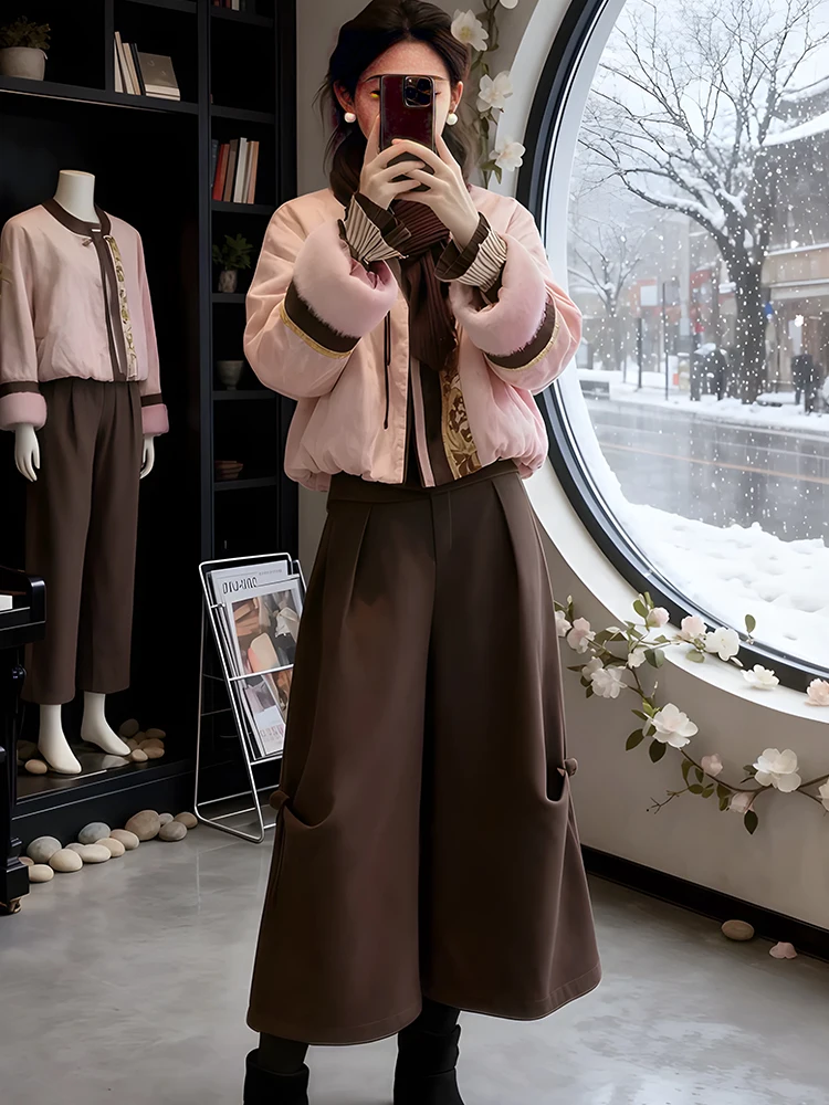 

Fashionable Young-looking Pink Cotton Jacket And Wide-leg Pants Set New Chinese Style Winter Clothes High-waisted Casual Wear