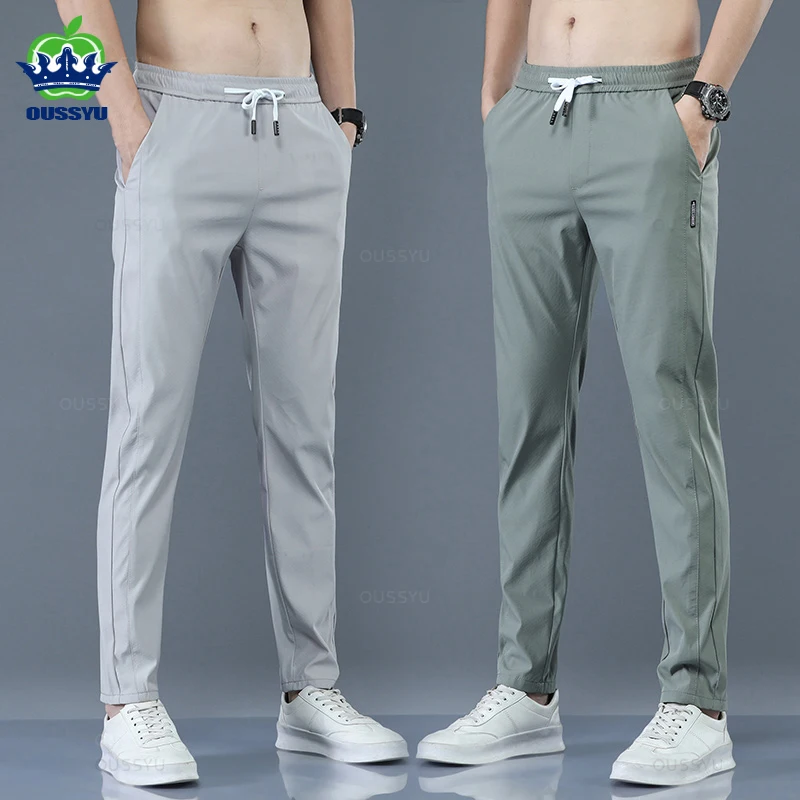 2024 Men's Trousers Spring Summer New Thin Green Solid Color Fashion Pocket Applique Full Length Casual Work Pants Pantalon