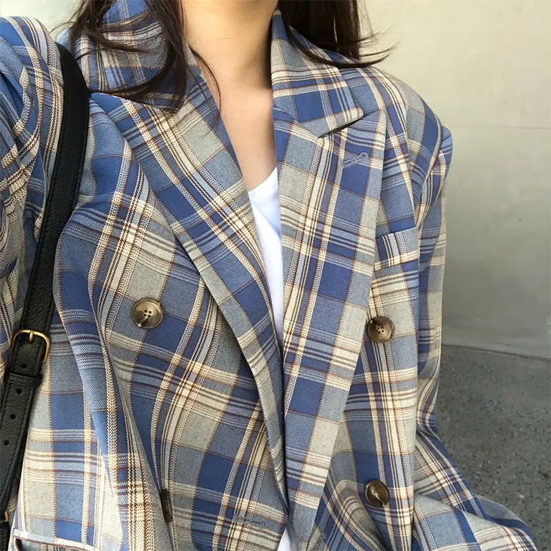 Vintage Loose Women Plaid Blazer 2023 Autumn Chic Double Breasted OL Female Long Sleeve Suit Jackets Oversized Blazers Long