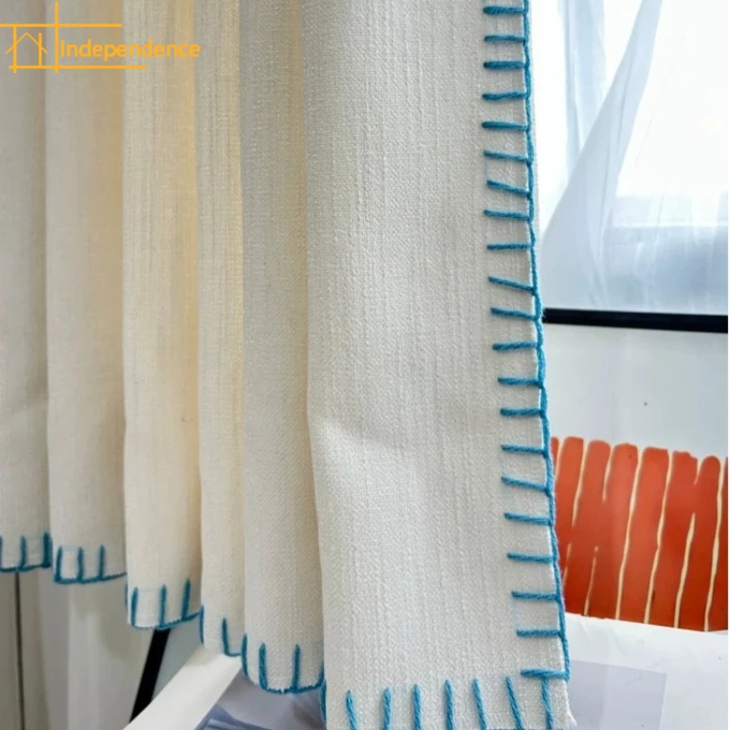 

Cotton and Linen Hand Sewn Blue Woven Beige Thick Curtains for Living Room Bedroom Study Partition Curtains Finished Product