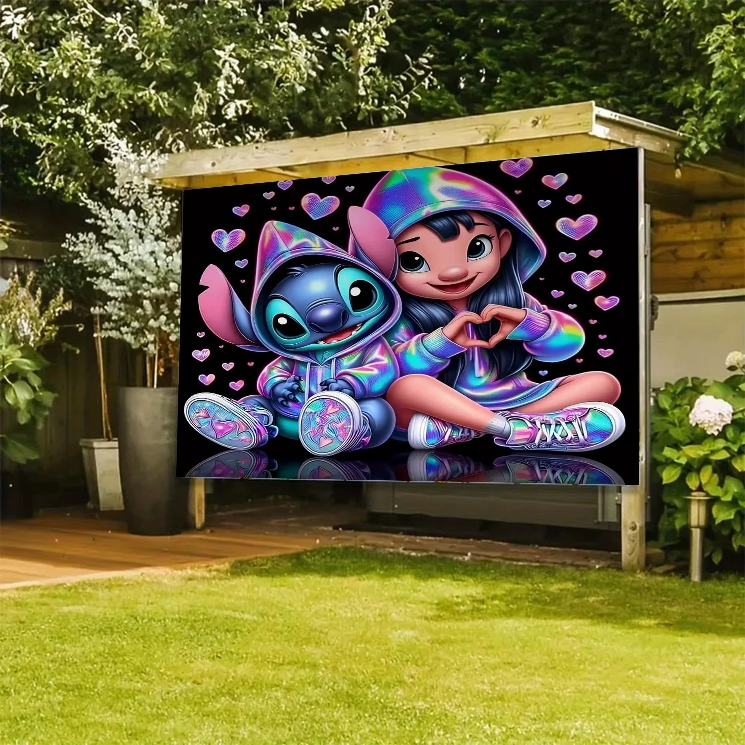    ديزني ستيتش آند جيرل مع نسيج حائط ثلاثي الأبعاد على شكل قلب لديكور مريح وغرفة ديكور خلفية من القماش