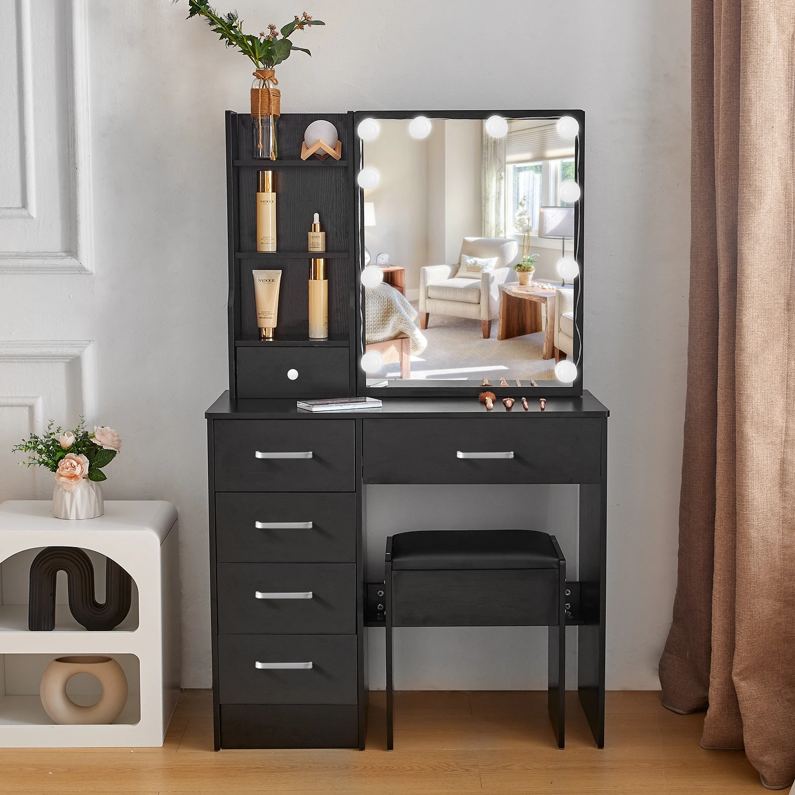 Black Makeup Vanity Table Set with LED Bulb Mirror, Multiple Drawers Open Storage Shelves & Cushioned Stool, Modern Dressing Table Makeup Desk for Bedroom Home Furniture