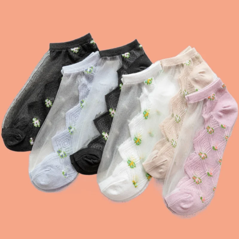 

6/12 Pairs New Fashion Thin Summer Invisible Cotton Sole Crystal Casual Socks Breathable All-match Shallow Mouth Women's Socks