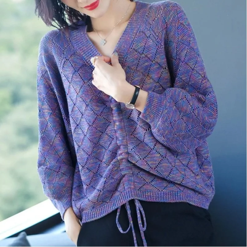

Ladies Blue Fashion Loose Simplicity Elegant Trend V-neck New Style Autumn Winter Knitwear Knitting temperament Top Long Sleeve