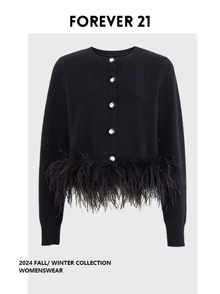 

Forever 2 Luxury Feather Spliced Knitted Long Sve Open Cardigan Ele Ladylike Sle Commute Single Piece Autumn 2024