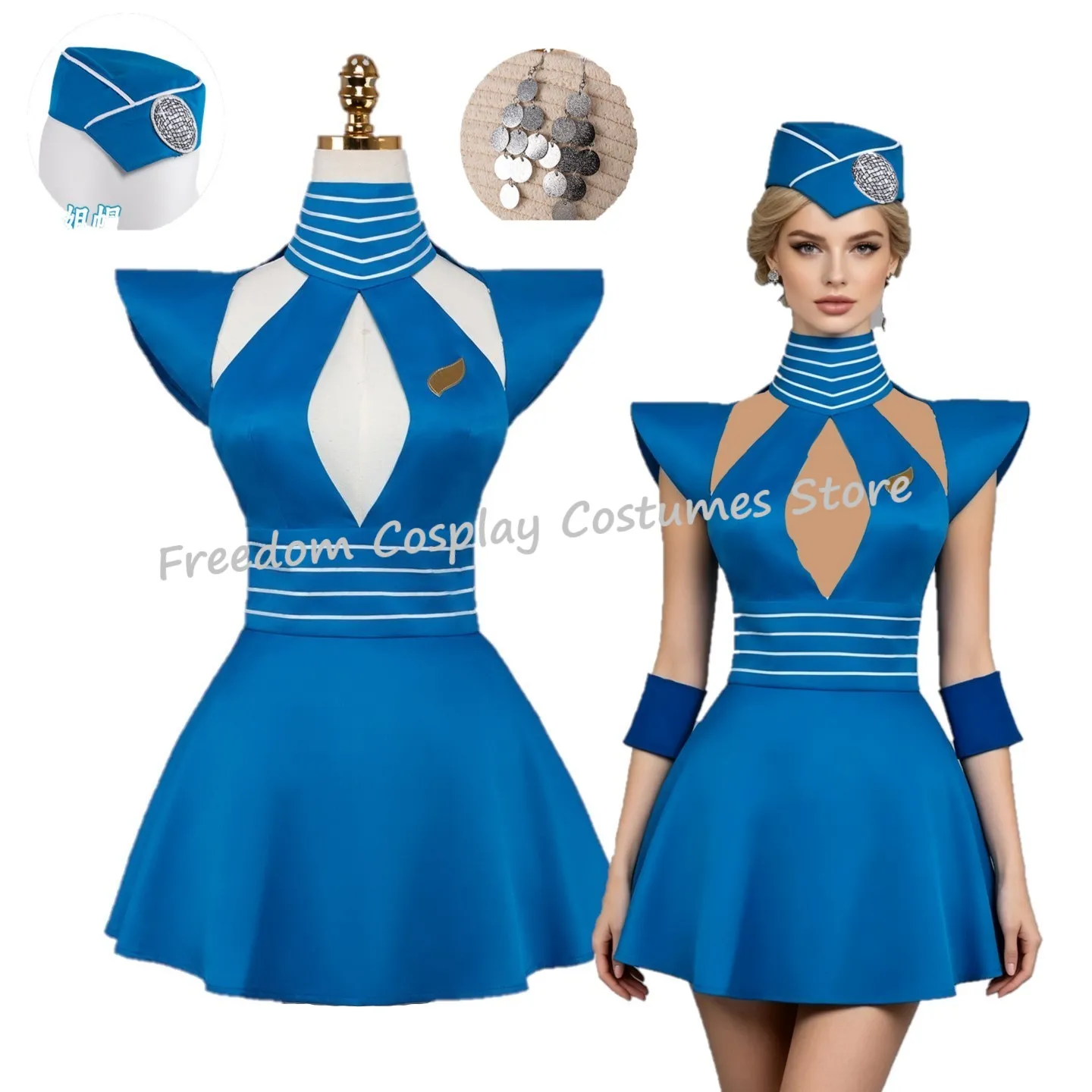 

Britney Cosplay Costumes Sexy Blue Flight Attendant Uniform Stage Performance Dress Halloween Carnival Party Outfit For Women