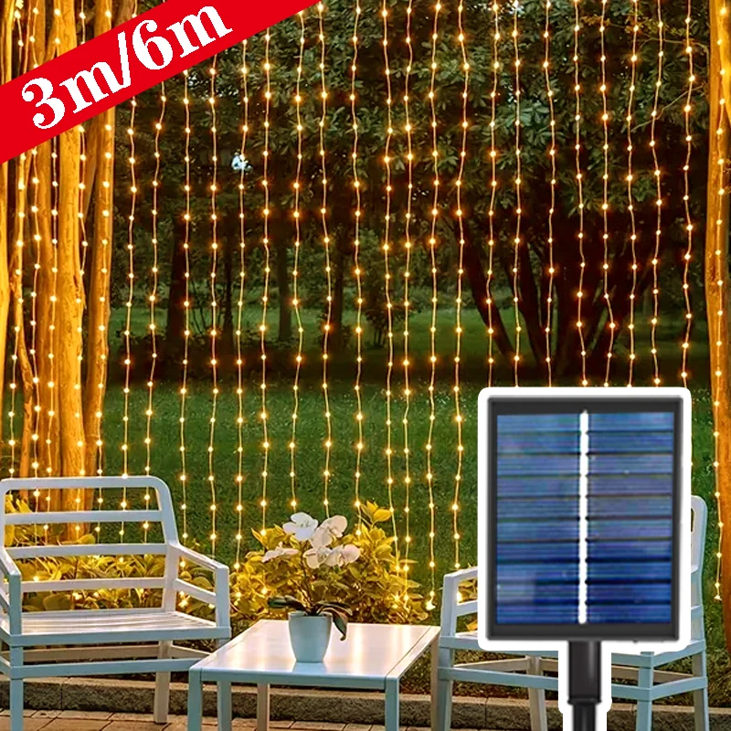 

3M 6M Solar Curtain Light Outdoor 8 Modes Fairy Garland String Lights for Courtyard Garden Party Wedding Christmas Decoration