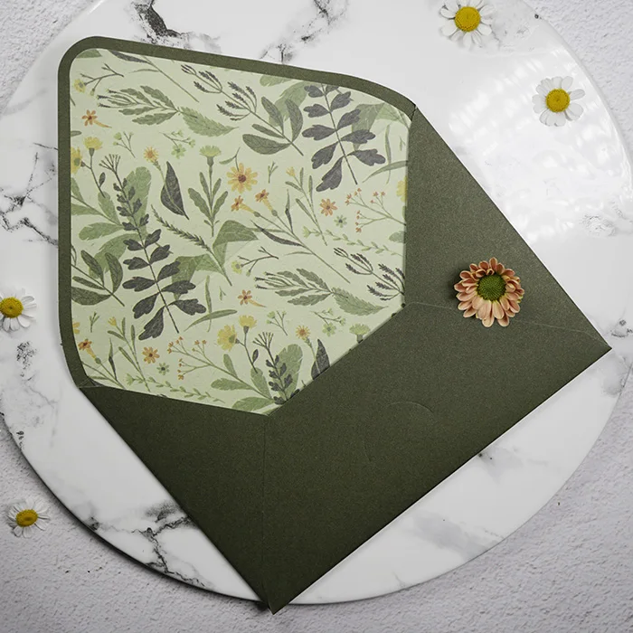 5pcs/set Avocado Green Series Vintage Envelopes Wedding Invitations With Printing Lining Envelopes Invitation Stationary