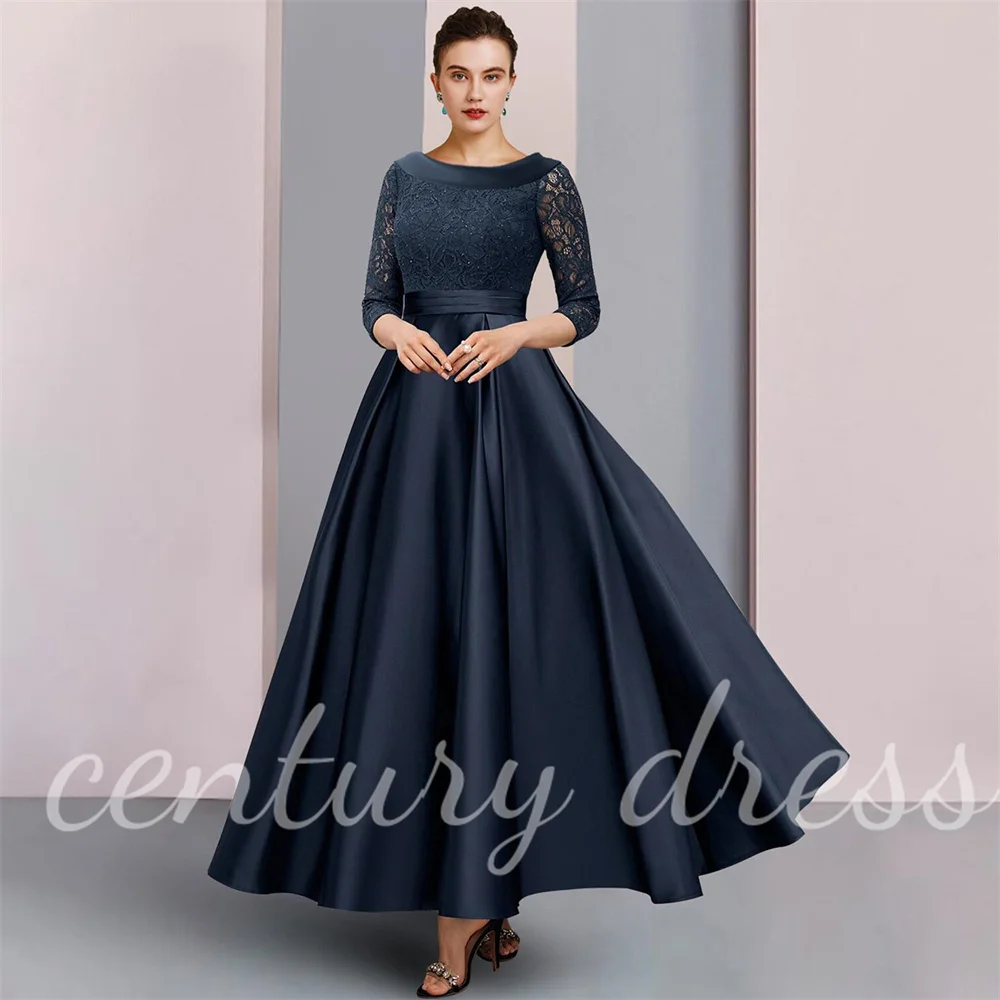 

A-Line Mother of the Bride Dress Formal Wedding Guest Elegant Bateau Neck Ankle Length Satin Lace 3/4 Length Sleeve Pleats