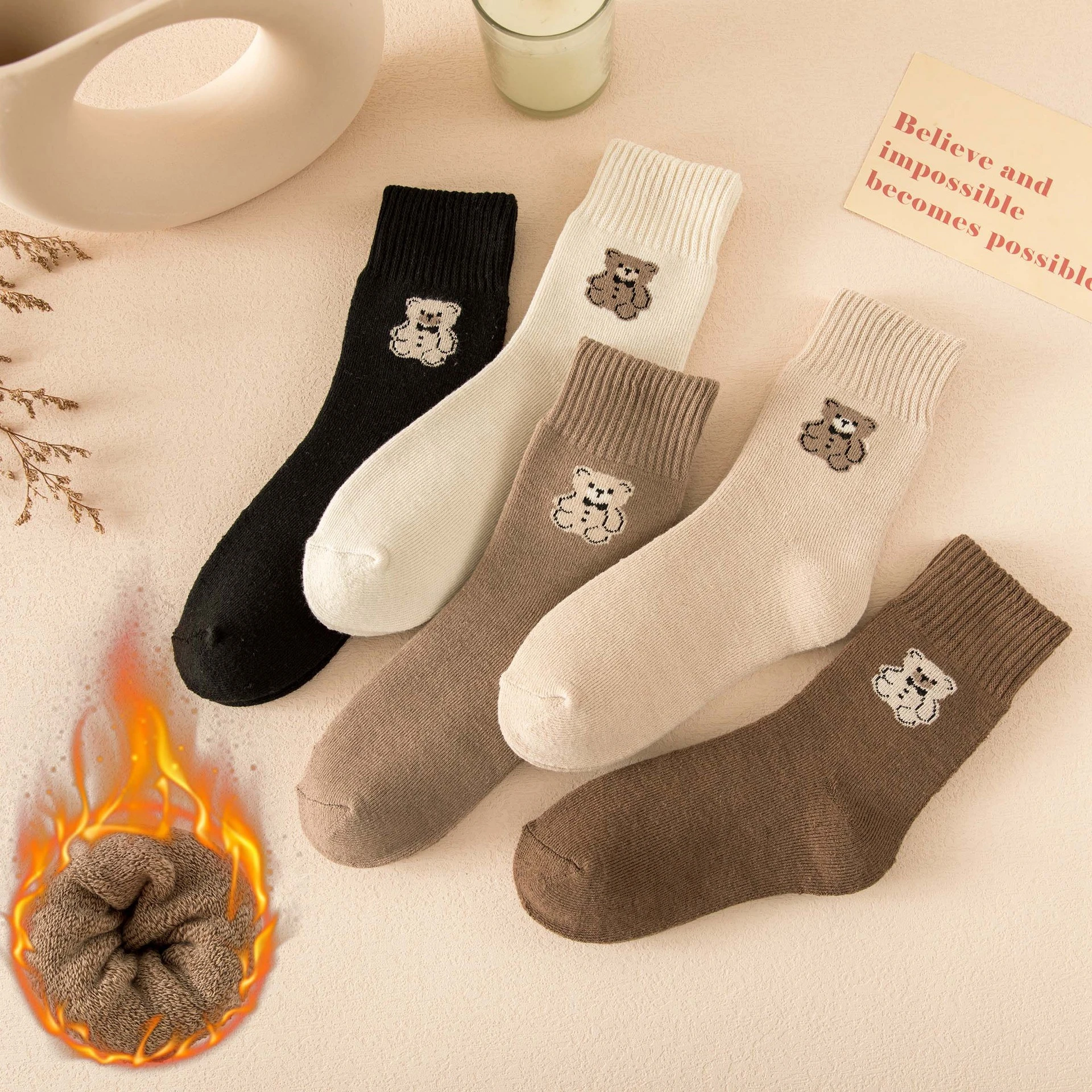 1 Pair of Winter Solid Color Thick Warm Women\'s Socks Cute Animal Bear Harajuku Socks High Quality Hot Selling Mid-Tube Gift Sox