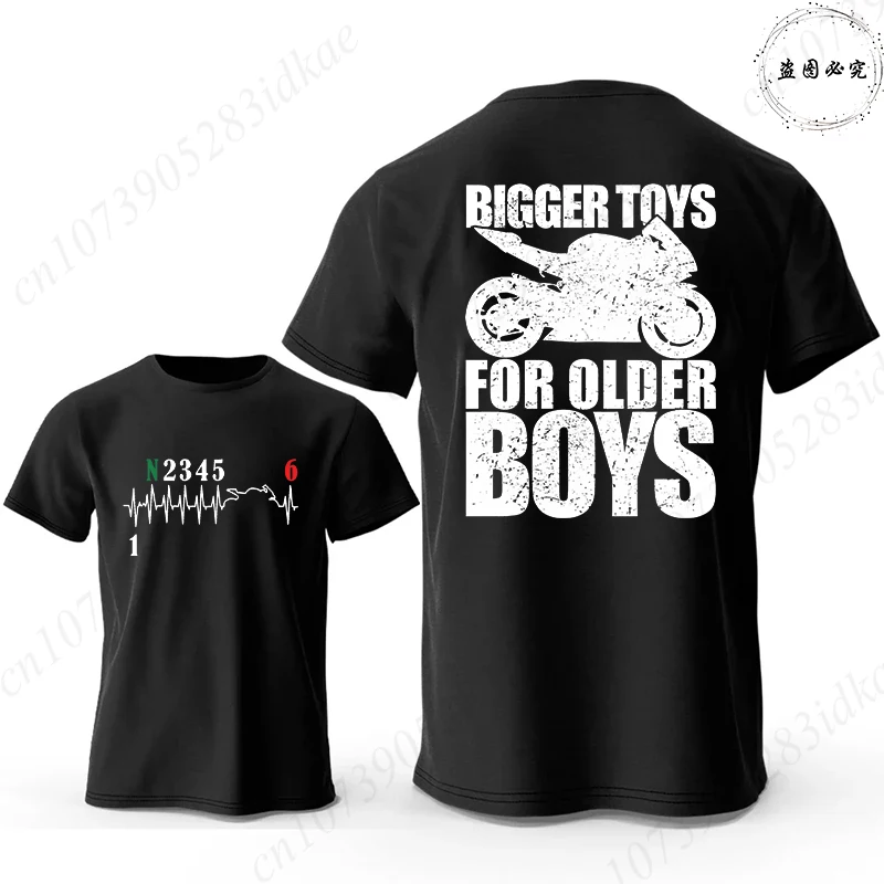 Bigger Toys for Older Boys Letter Graphic, Motorcycle Gear Shift Heartbeat Pattern Summer Short Sleeve Tees for Men's Bikers