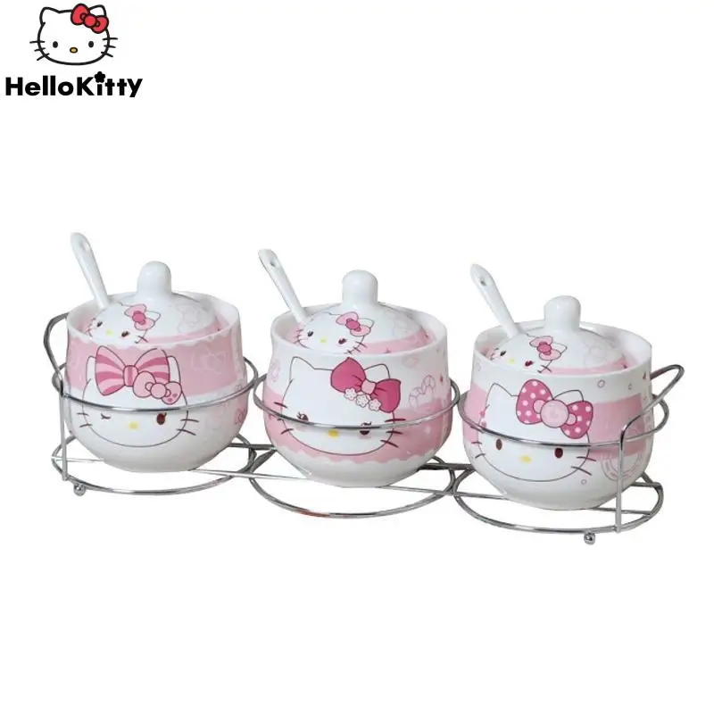 3 szt. Zestaw Hello KItty kubek ceramiczny domowy solniczka przyprawowy kubek słoik kreskówka wzór kości pudełko kuchnia butelka z żelaznym stojakiem