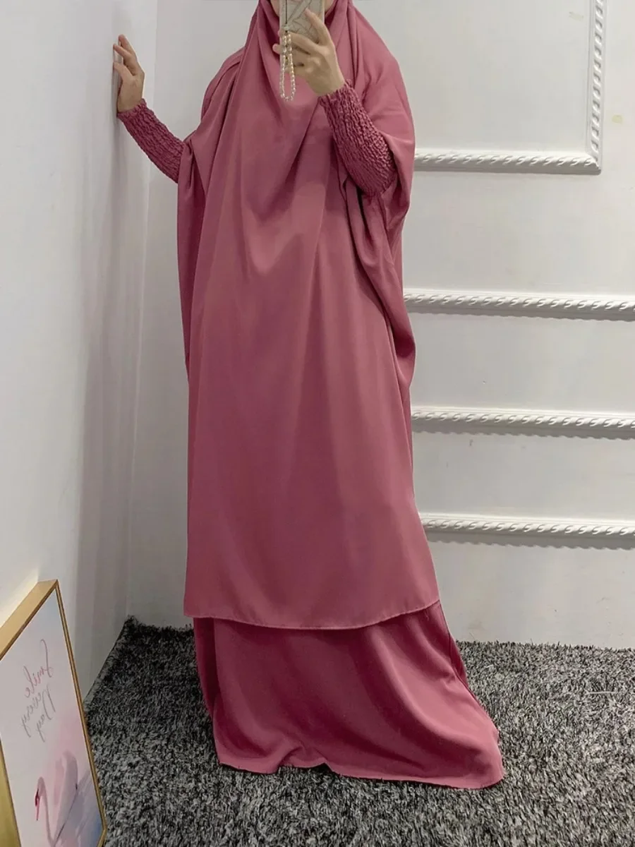 Eid donne musulmane 2 pezzi Jilbab set lungo Khimar + gonna set Hijab vestito preghiera indumento Abaya con cappuccio Ramadan abito islamico Niqab