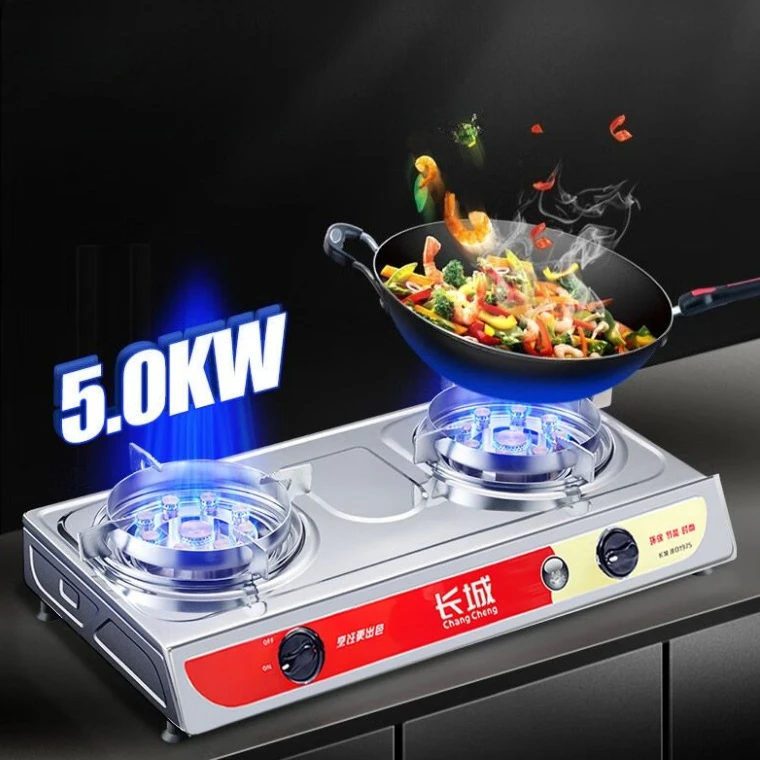 موقد غاز مزدوج الموقد على الطاولة، مطبخ منزلي، موفر للطاقة، حريق عالي الطاقة لـ LPG NG