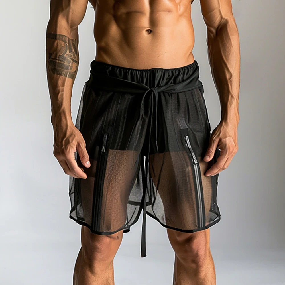 Men\'s Shorts Fashion Streetwear Male Short Pants Black Sexy Gym See-Through Mesh Shorts For Men Large Size Men Causal Sweatpants