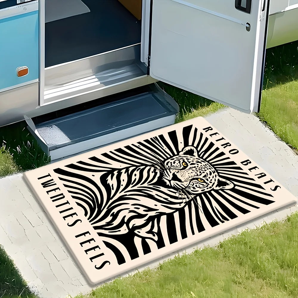 1pc Art Deco Leopard Illustration Doormat Cream Ivory Black Polyester Hand Wash Only 80x50cm Decorative Use