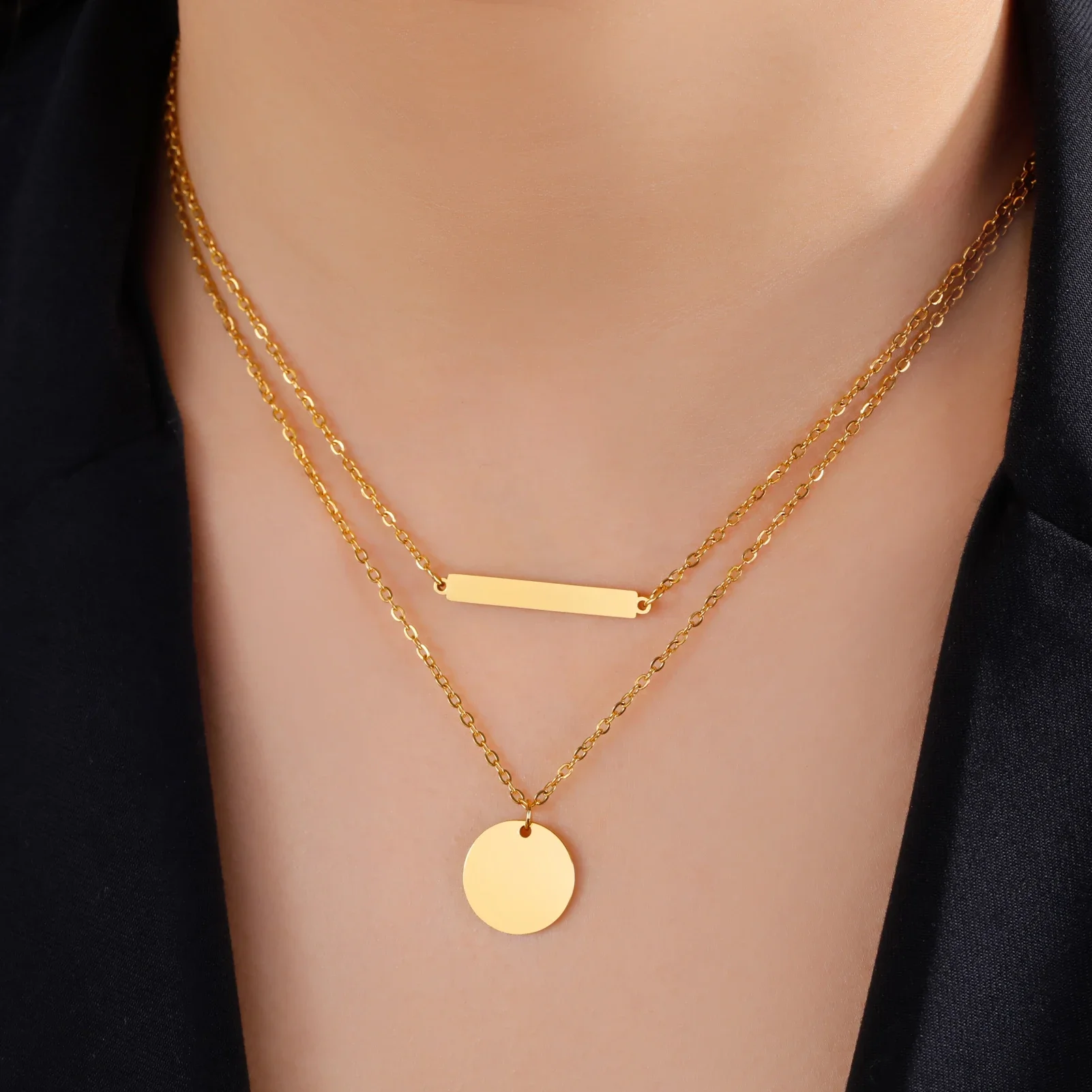 Skyrim Round and Stick Pendant Choker Necklace Women Minimalist Double Layer Chain Necklaces Stainless Steel Gold Color Jewelry
