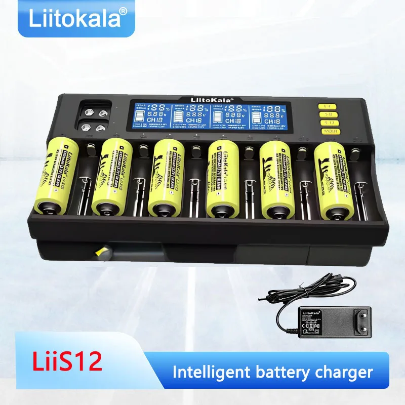 

LiitoKala Lii-S12 12-Slot LCD Battery Charger for Li-ion LiFePO4 Ni-MH Ni-Cd 9V 21700 20700 26650 18650 16340 18350 RCR123 18700