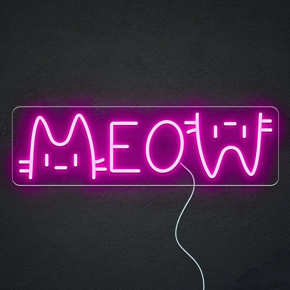 Pink Meow Neon Wall Art Decor, Cute LED Neon Sign, Suitable for Bedroom, Cat Shop, Restaurant, Kitchen, Man Cave, Home Bar Decor