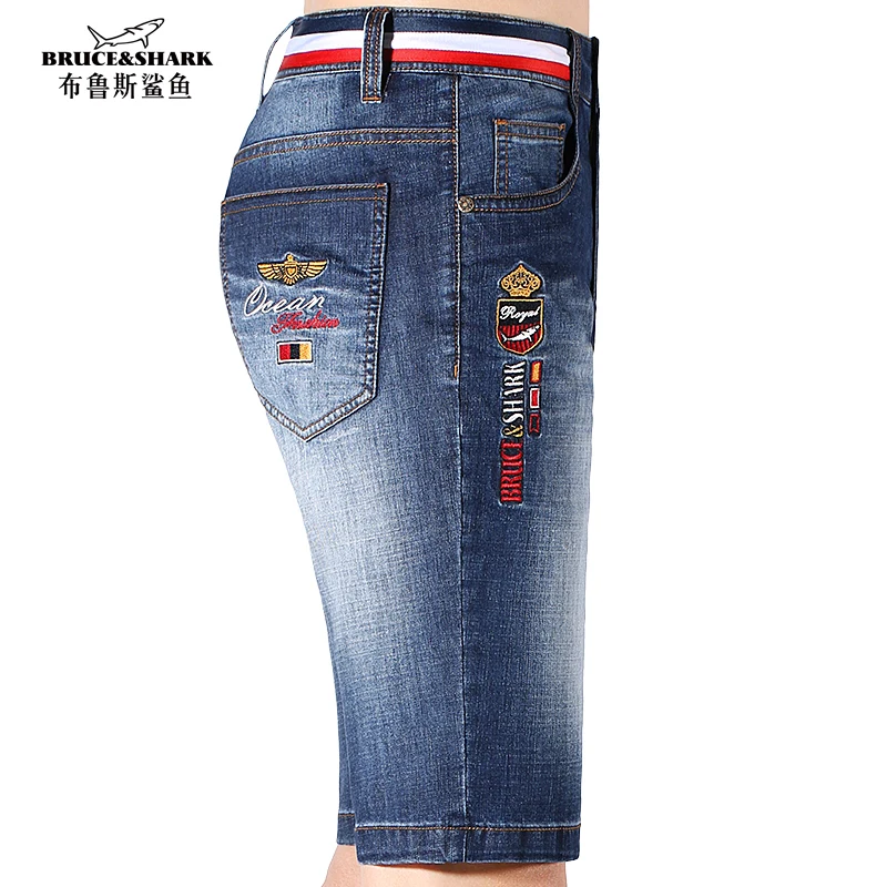 

Summer New Men‘s Casual Short Jeans Bruce&Shark Stretch Cotton Straight Middle-waisted Denim Fashion Blue Jeans Man Big Size 42