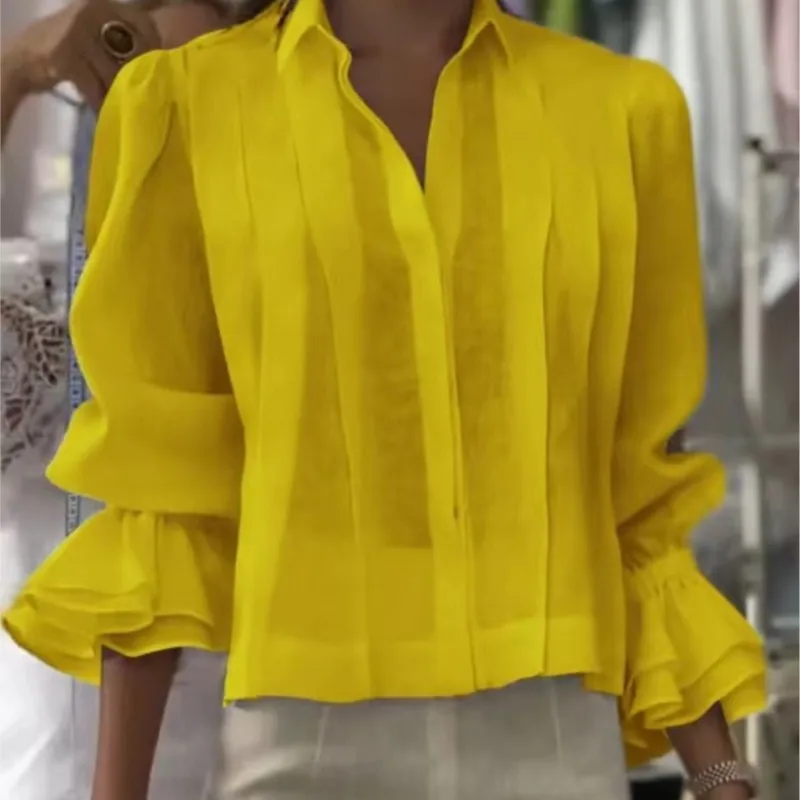

Yellow Office Lady Shirt Butterfly Long Sleeve Button Shirt Women Casual Laper Neck Spring Autumn Loose Blouses For Women Tops