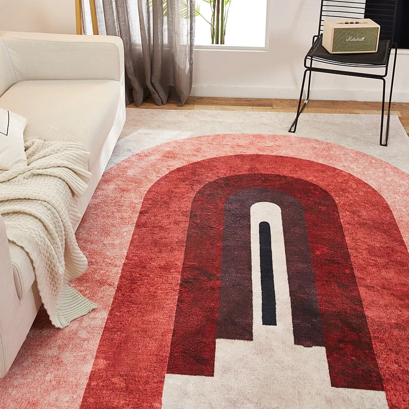 VIKAMA Mid Century Modern Arch Rug Red Abstract Geometric Pattern Non Slip Washable Carpet for Sofa Coffee Table Indoor Decor