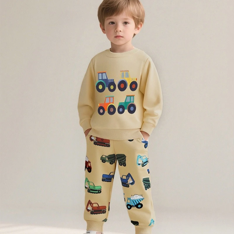 2-7T Kids 100% Cotton Pullover Tops Hoodies Sweatshirts Colorful Tractor Pattern Long Sleeve Boys Casual Clothes