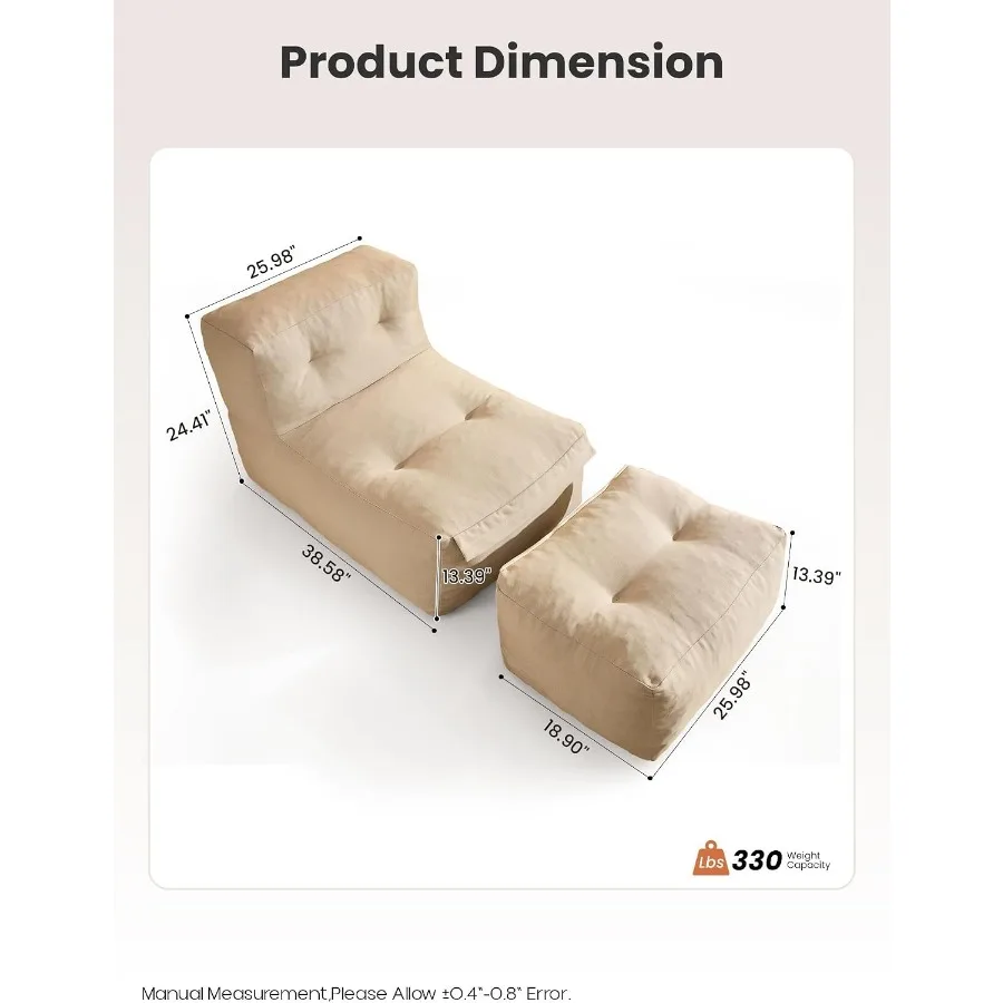 Patio Bean Bag Chair with Ottoman, Outdoor Daybed Sofa with Splash-Proof Fabric, No Assembly Required, Comfy Back Support Loung