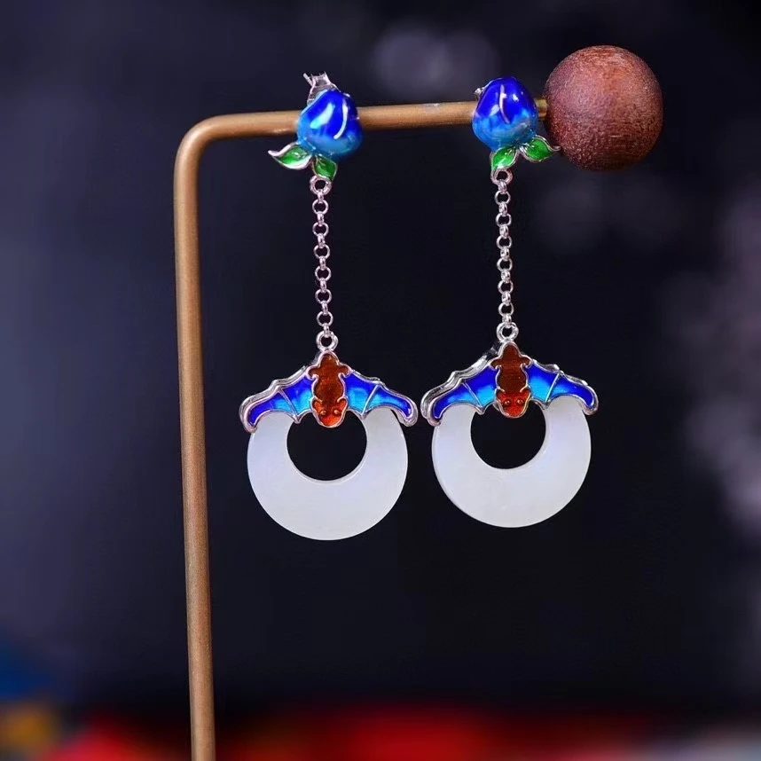 

7304# S925 Silver Natural Nephrite Cheongsam Party Enamel Earrings Gemstone