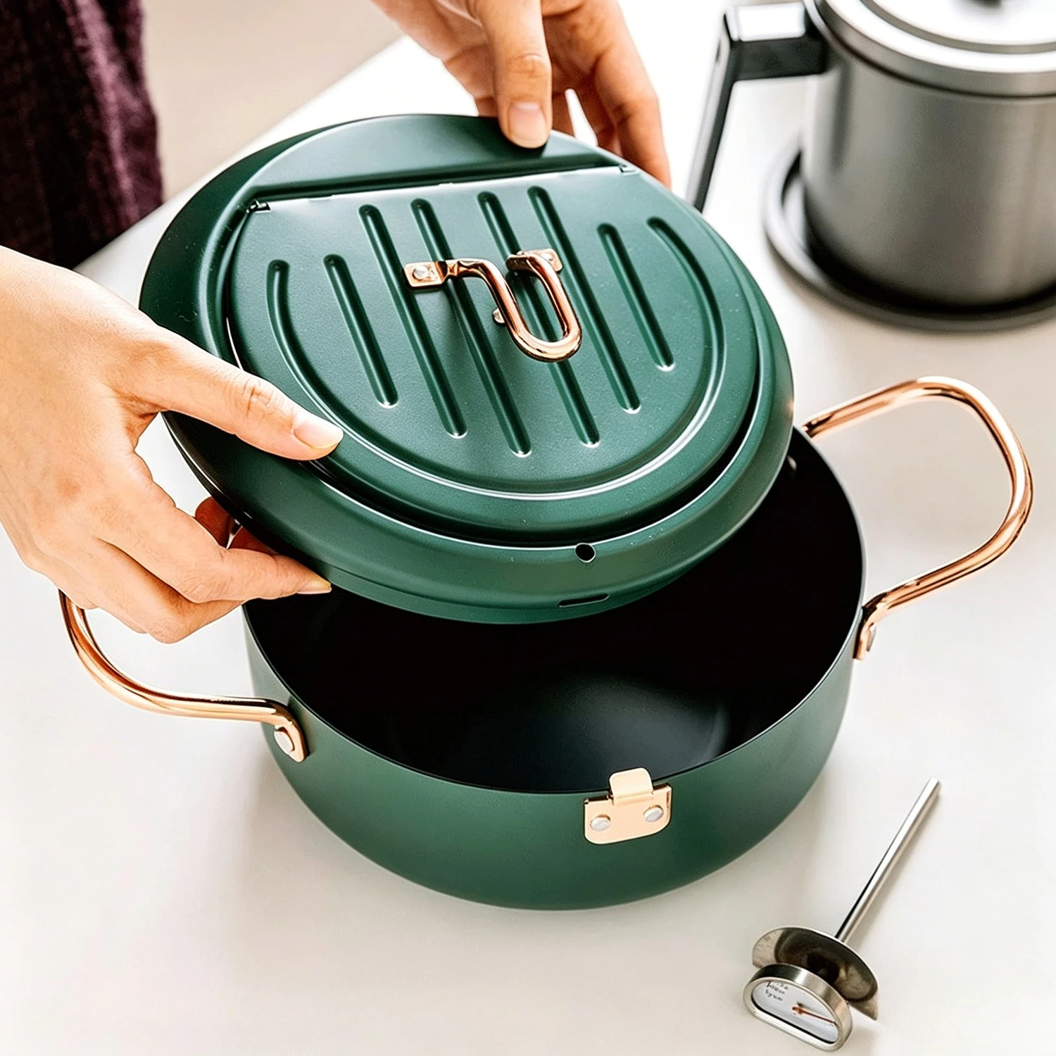 

Japanese Tempura Deep Fryer Pot with Fahrenheit Thermometer 3.4L - Nonstick Oil Fryer, Fried Tempura Chicken Fish Shrimp