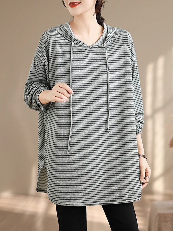 

Casual Sle Long Sve Hoodie T-irt Women's Loose Fit Striped Color Blo Top for Autumn Winter plus Size Slimming Effect