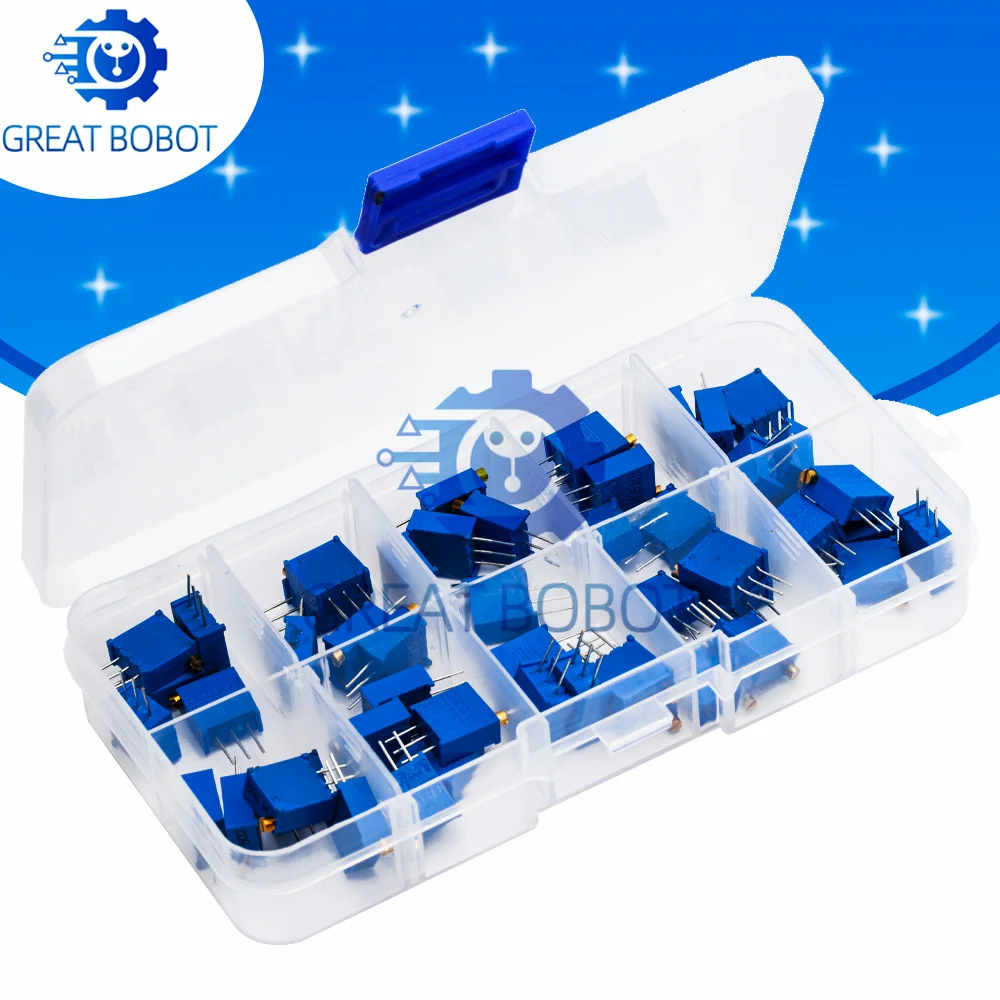BS50PCS 3296W Multiturn Trimmer Potentiometer Kit - High Precision Variable Resistor (500Ω to 1MΩ) - Includes 1K, 2K, 5K, 10K