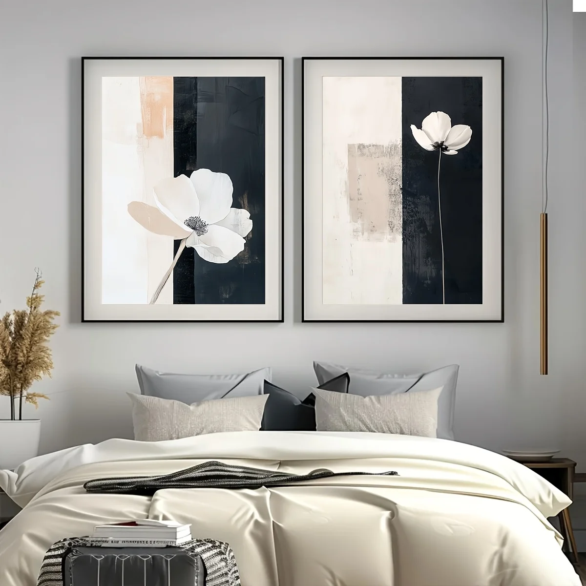2 teile/satz Minimalistischen Schwarz Weiß Beige Floral Leinwand Druck Mid-century Abstrakte Pflanze Wand Poster für Moderne Frühling Wohnkultur