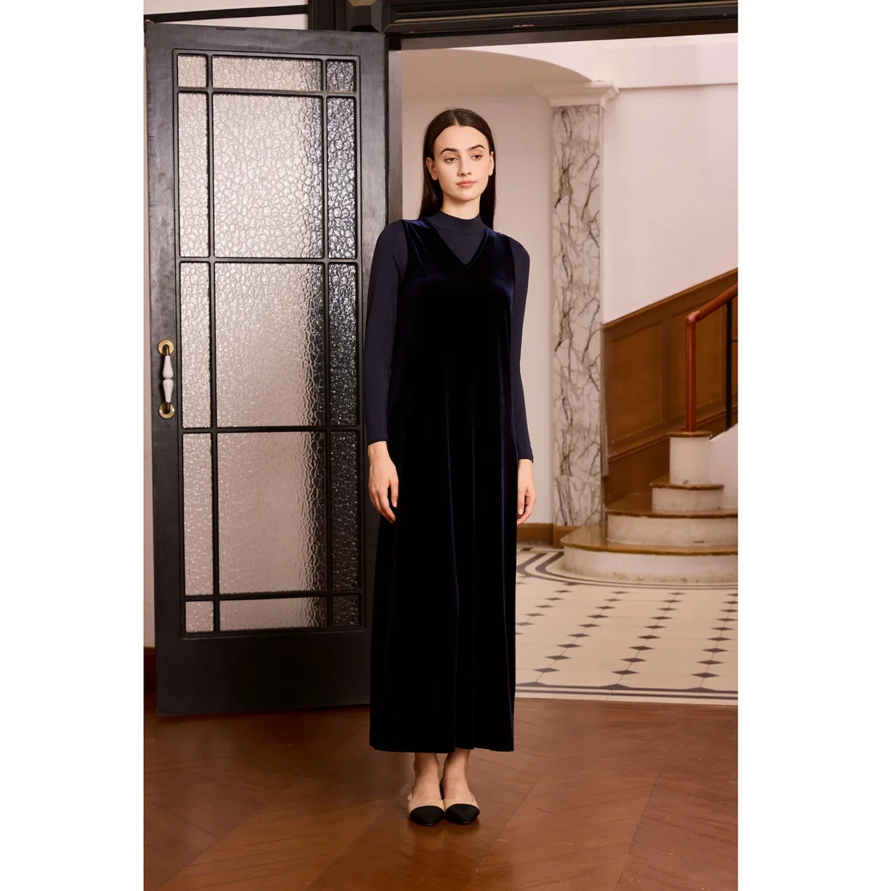 Velvet Maxi Dress with Mesh Shirt