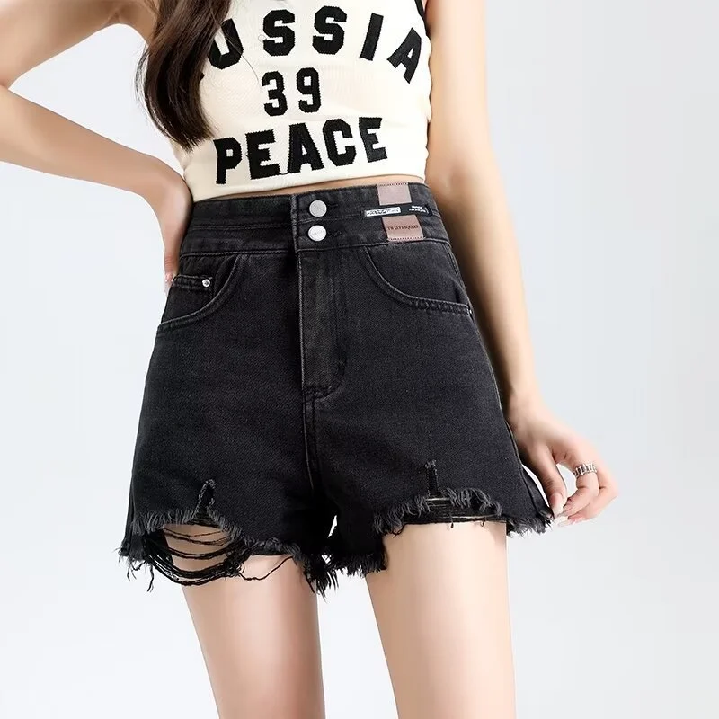 

Летние большие размеры с высокой талией, толстые и свободные, утягивающие, рваные дырки, джинсовые шорты с кисточками, женские шорты, тренд ins